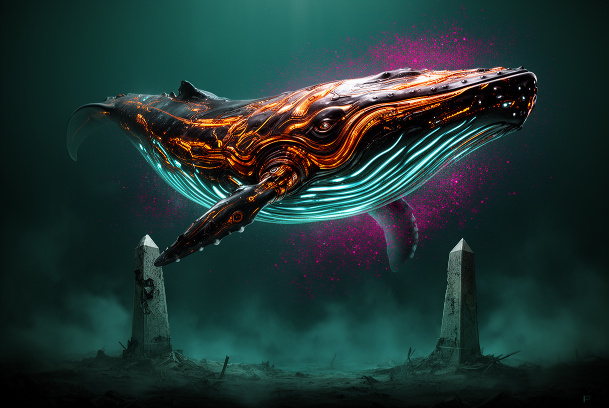 Cachalot cybernétique géant émergeant des abysses néon, particules cyan et magenta autour de sa silhouette