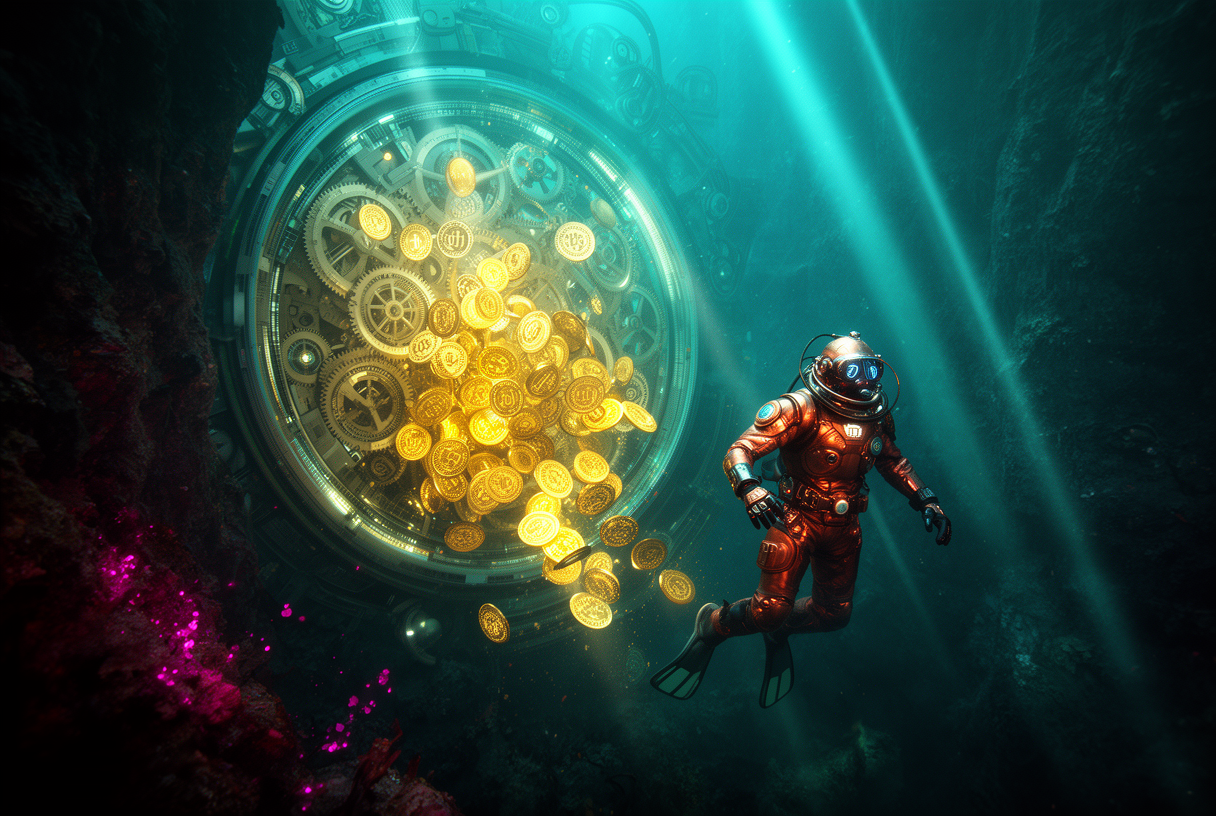 Plongeur cybernétique face à un mécanisme d'horlogerie abyssal d'où s'écoulent des pièces dorées