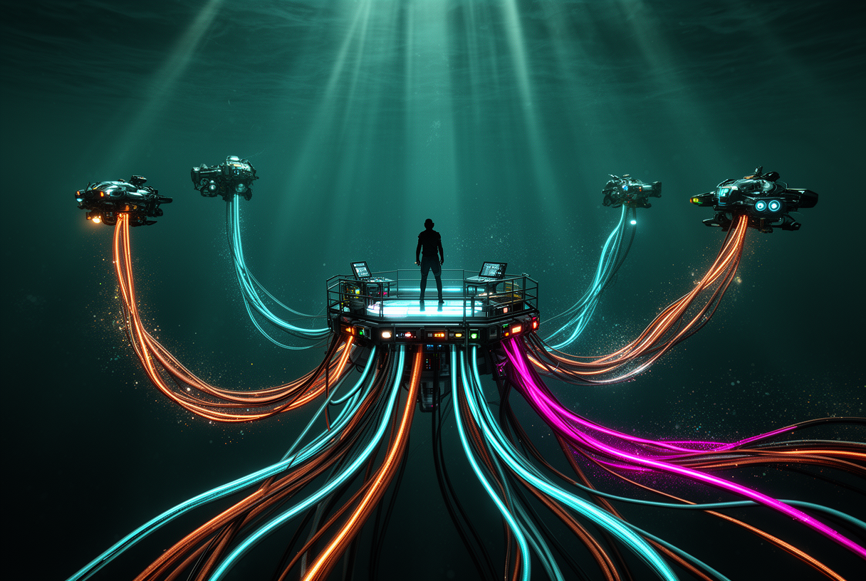 Silhouette d'opérateur sous-marin dirigeant des câbles fluorescents vers trois sous-marins lointains