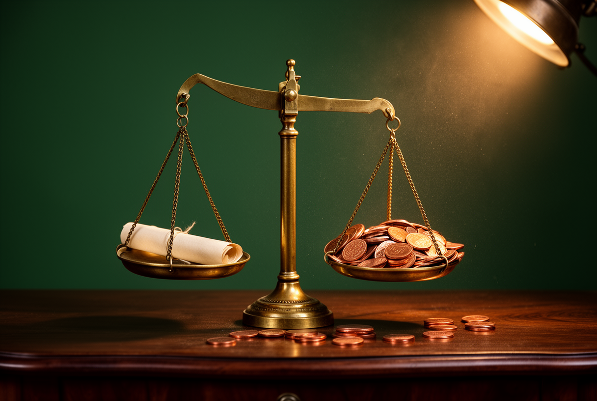 Balance ancienne en laiton avec parchemin dans un plateau et pièces de cuivre en surnombre dans l autre