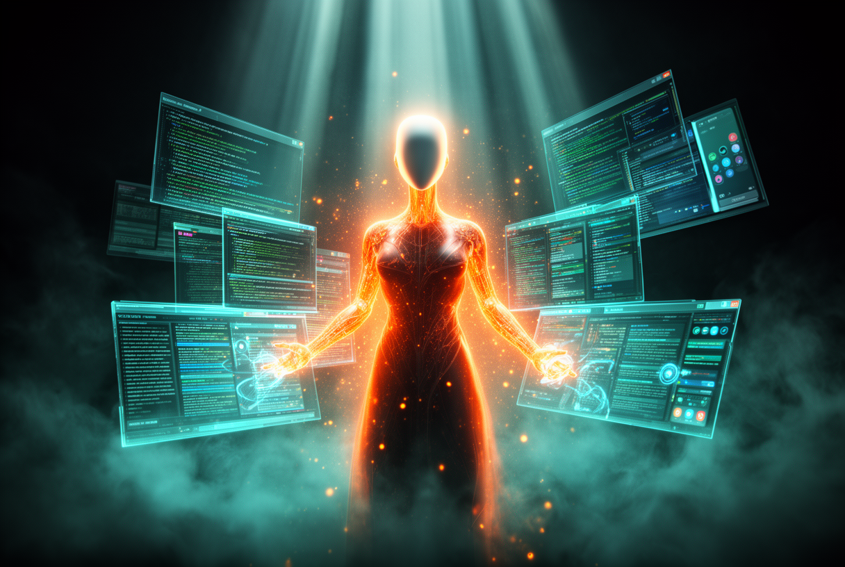 Entité IA humanoïde centrale orchestrant des interfaces holographiques flottantes, illustration conceptuelle de GPT-5.5 en action sur des workflows agentiques