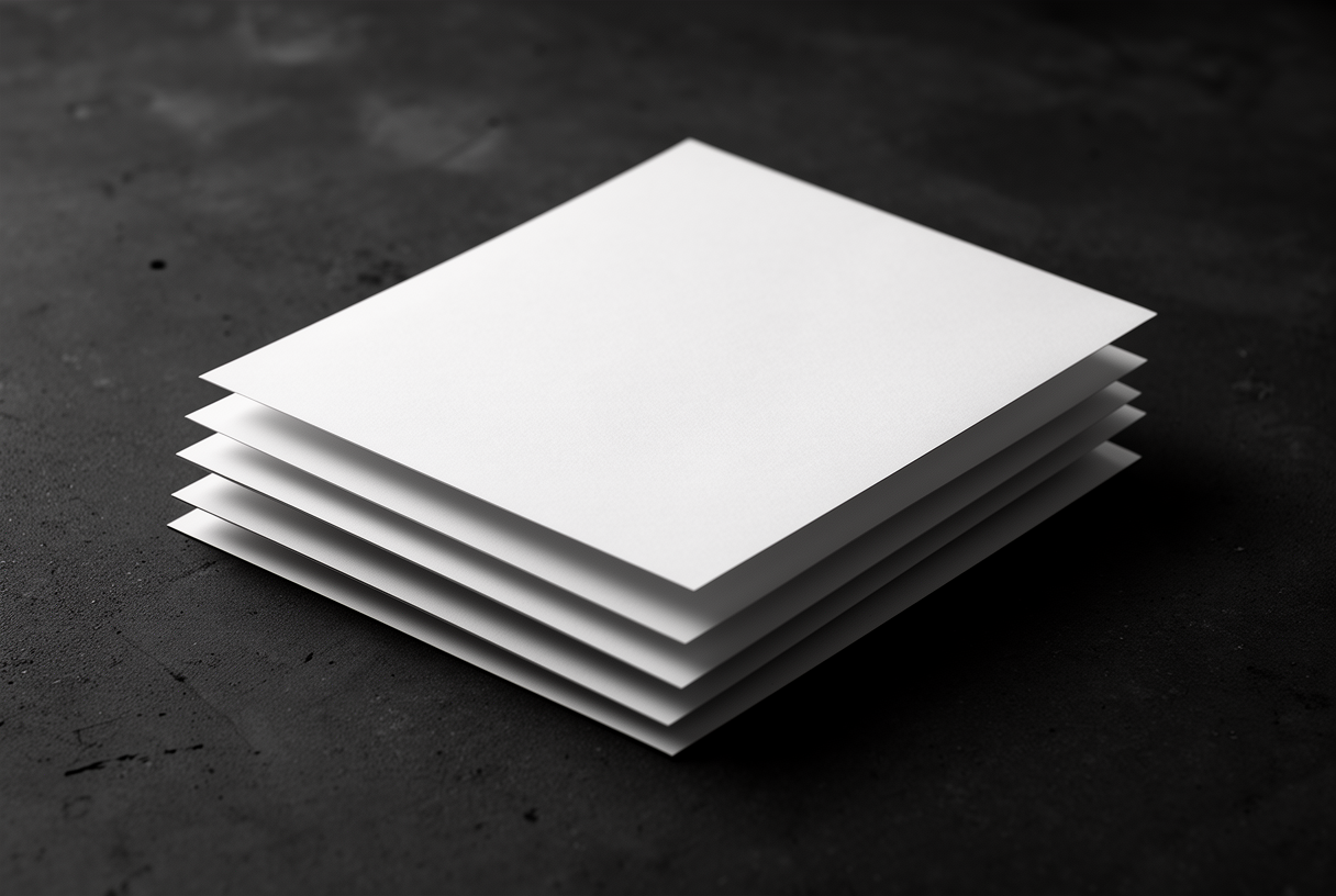 Stack of white paper sheets aligned on black concrete surface, soft natural light
