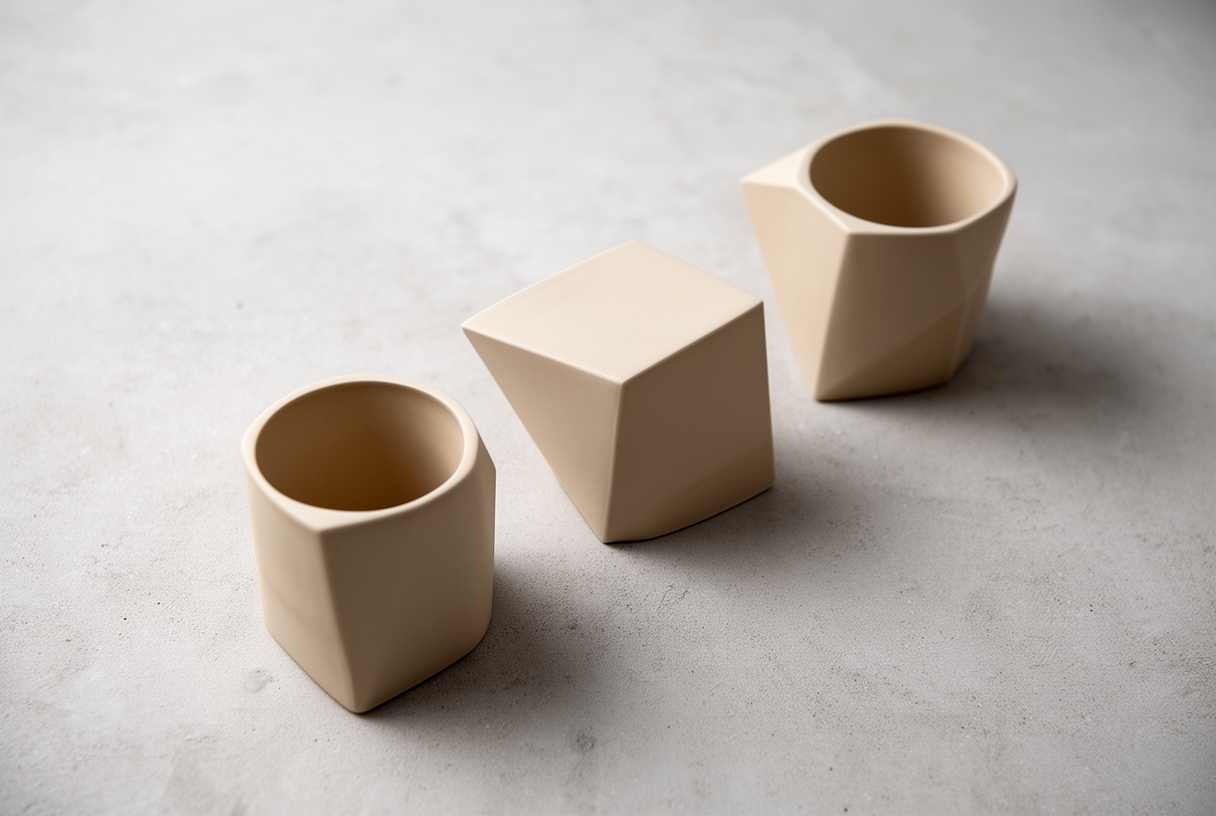 Three porcelain cylinders aligned diagonally on light concrete background, morning light