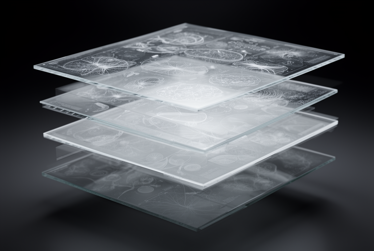 Panneaux translucides empilés évoquant une pile bio-IA en coupe, lumière clinique bleue sur fond éditorial sombre