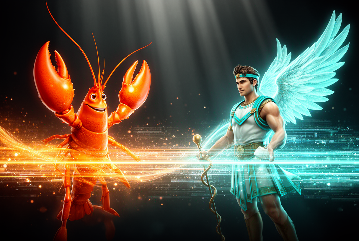 Hermes homard stylisé orange et messager ailé cyan face à face, reliés par un pont lumineux de données, illustration comparative agents IA open-source