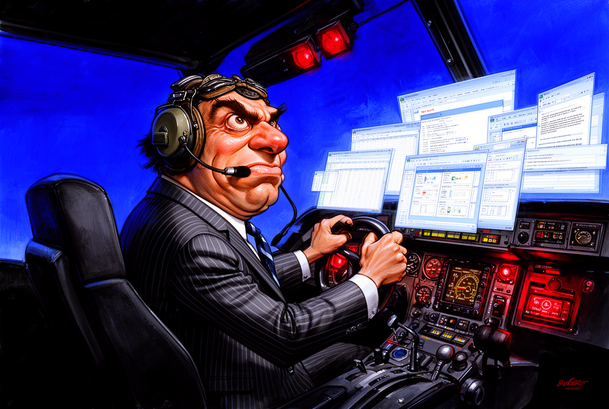 Copilote satirique en costume rayé empoignant les commandes d'un cockpit fait de pages Word, Excel et PowerPoint clignotantes