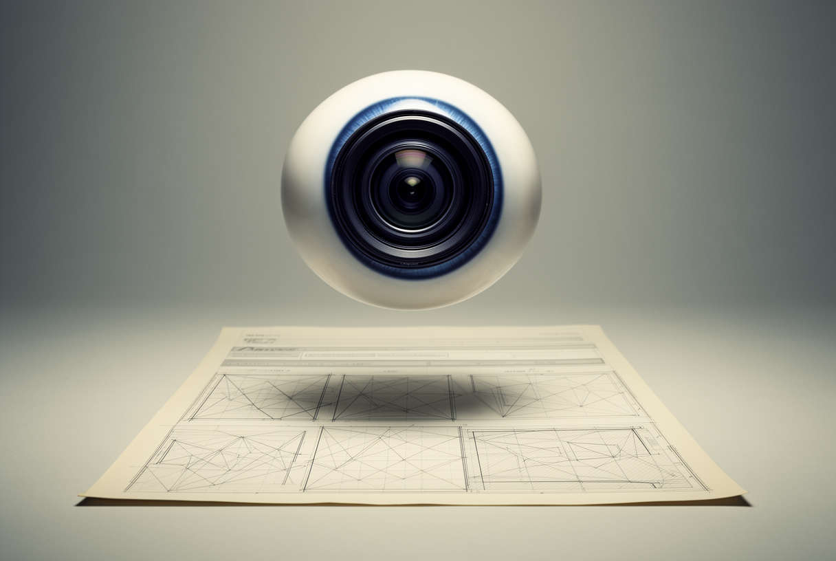 Oeil abstrait à trois lentilles survolant un plan épuré de site web, métaphore de la vision triplée de Claude Opus 4.7