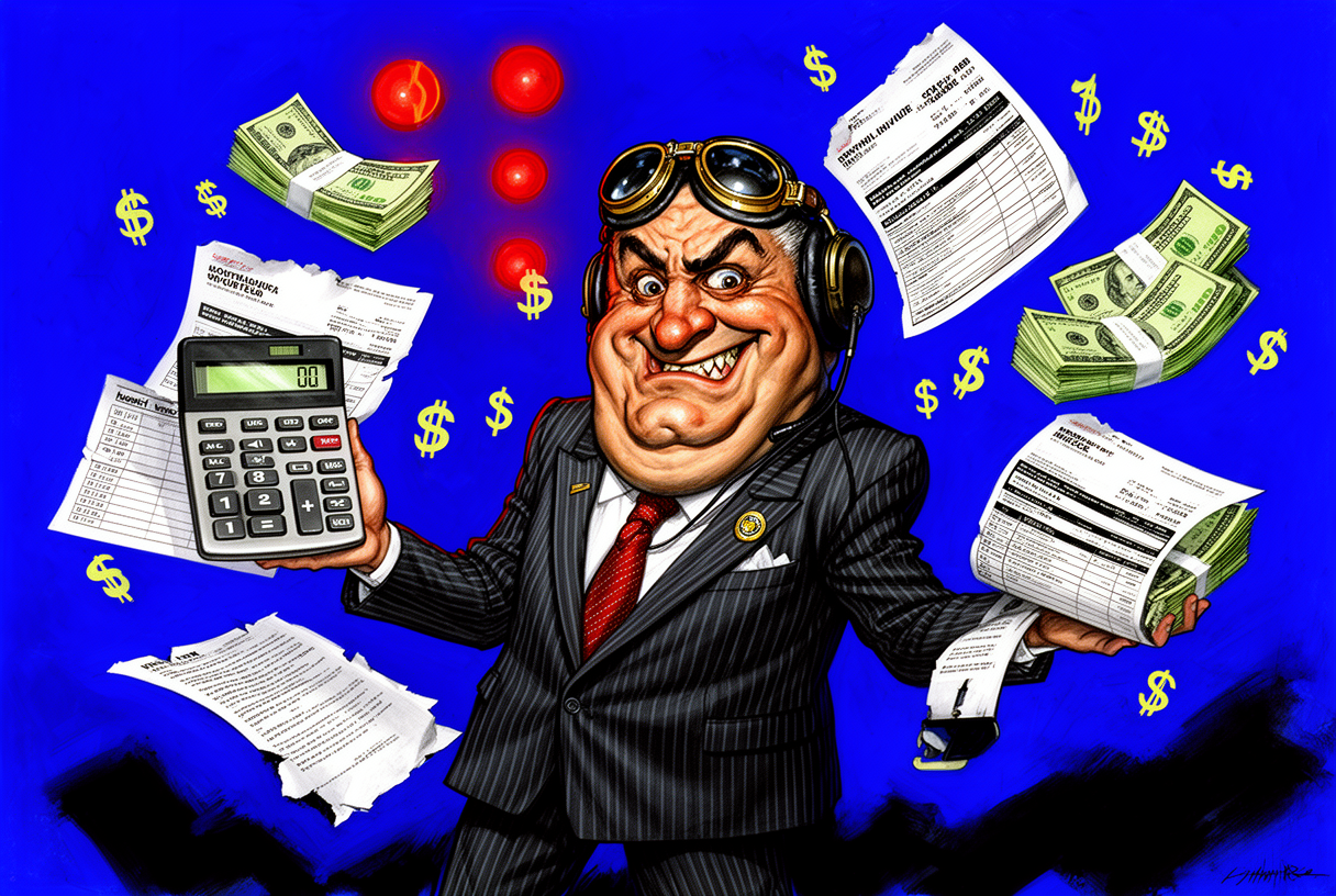 Copilote satirique en costume rayé jonglant avec des liasses de billets et des feuilles Excel qui s'envolent autour d'une calculatrice surdimensionnée