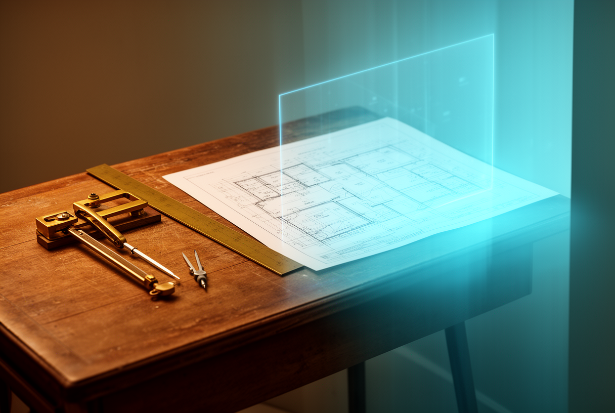 Table à dessin en bois dont le plan se dissout à droite en un panneau de lumière bleue translucide