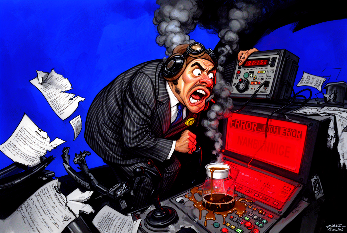 Copilote satirique en costume rayé affalé sur un tableau de bord clignotant rouge, café renversé et pages d'audit déchirées flottant en désordre