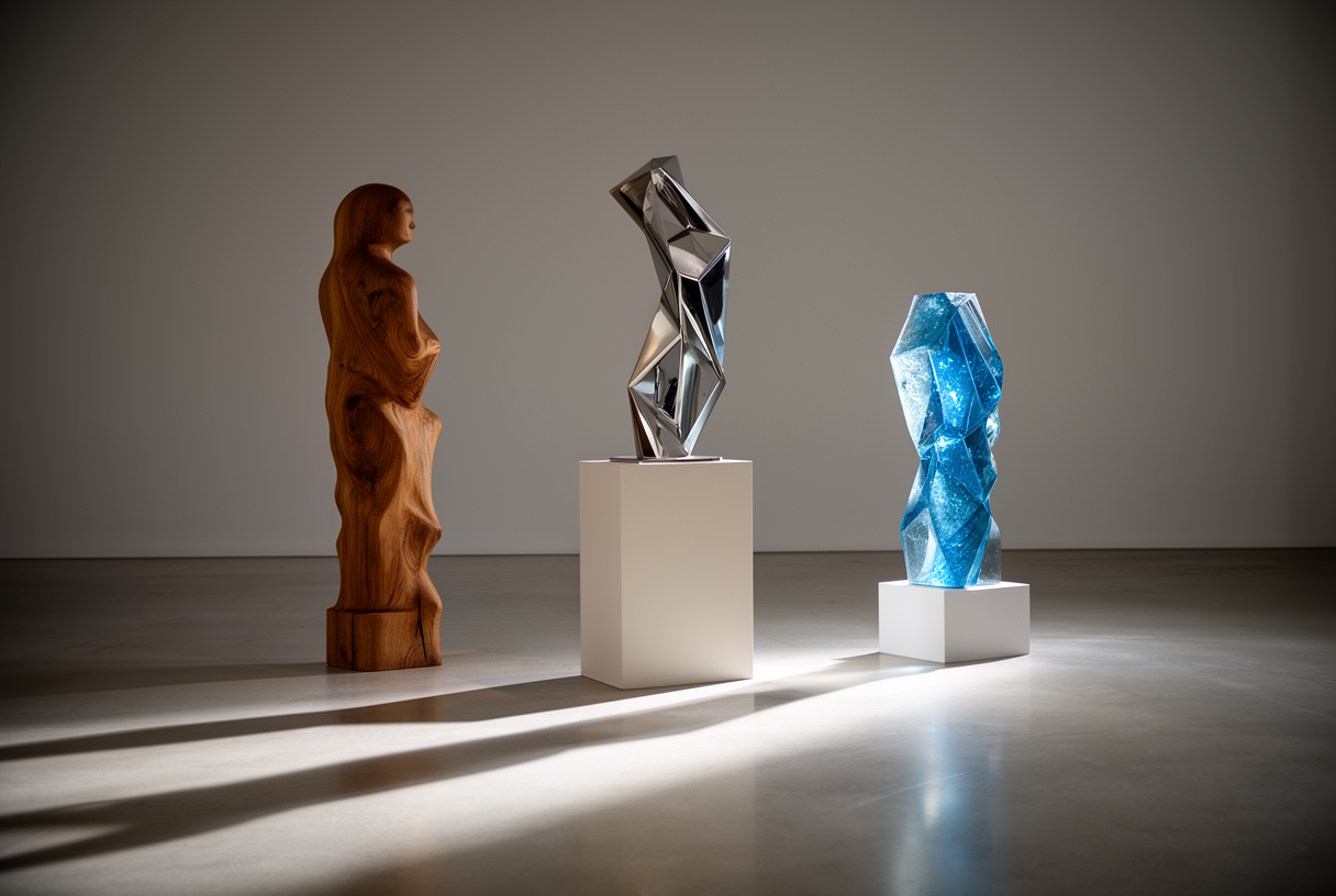 Trois sculptures silhouettes sur socles de hauteurs différentes dans une galerie minimaliste