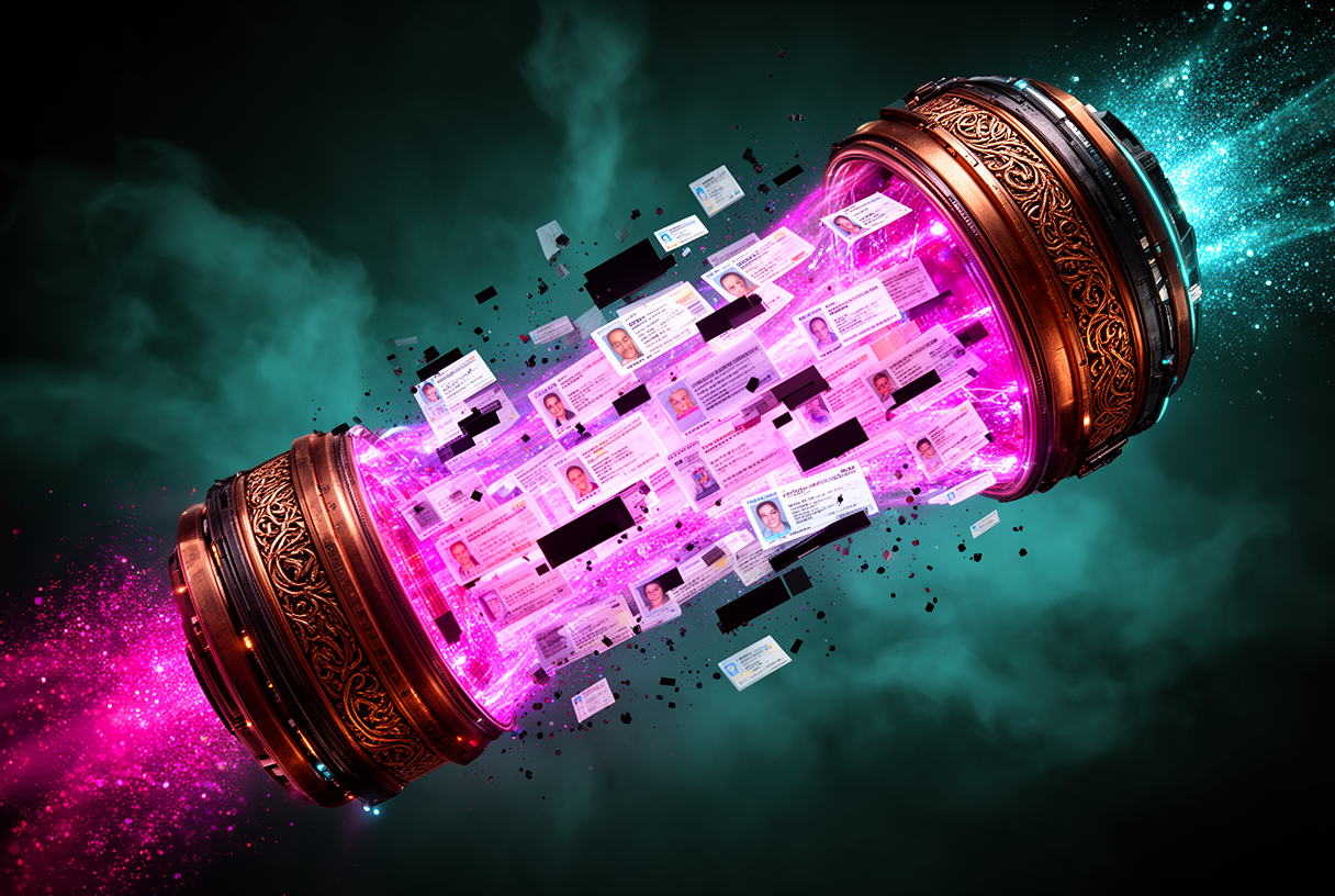 Filtre cylindrique cyberpunk filtrant des cartes d'identité holographiques caviardées, particules néon magenta et cyan