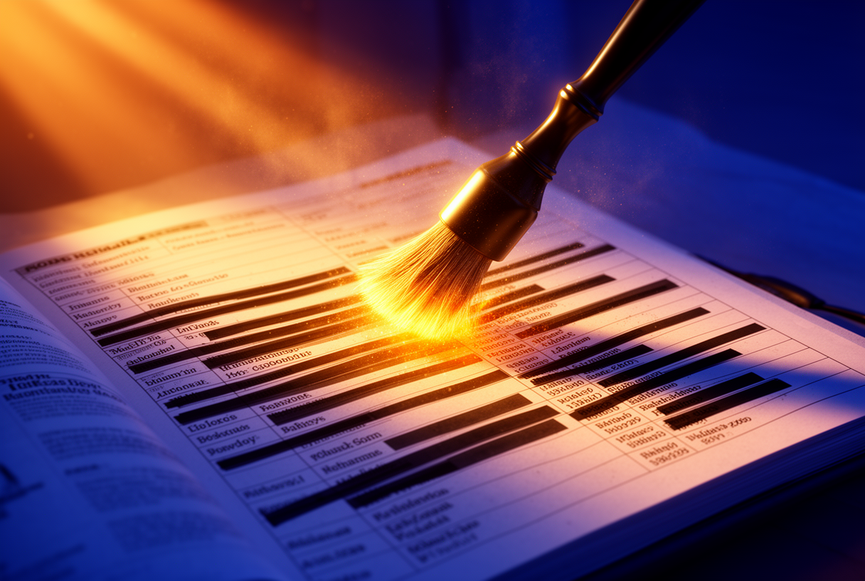 Bright black brush redacting a paper file with columns of names and addresses, golden volumetric light