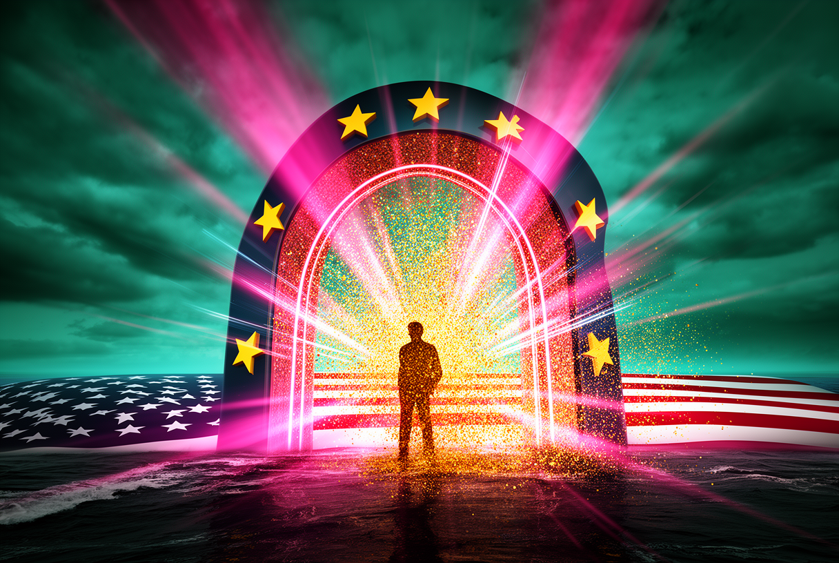 Allegorical transatlantic arch with filtering membrane transforming data flows into golden particles