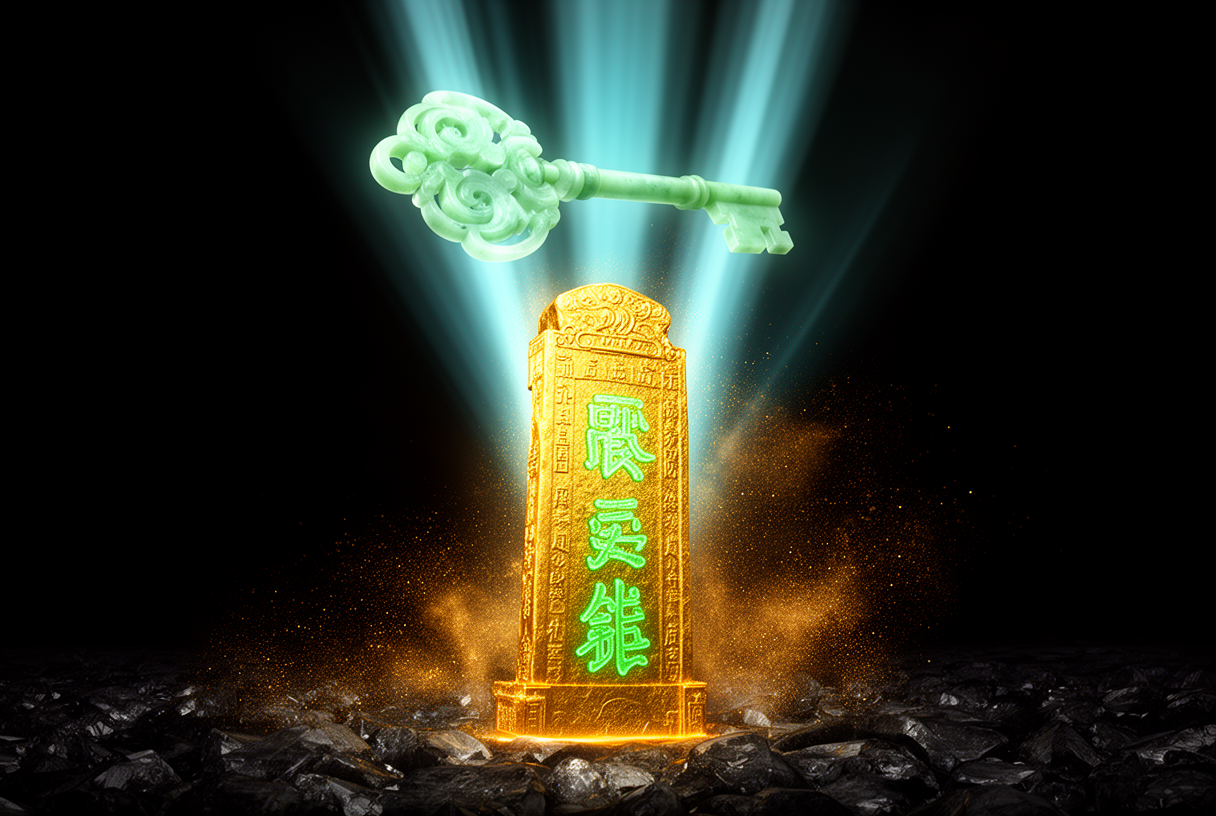 Stèle impériale en or gravée de glyphes jade avec une clé MCP cristalline rayonnante au-dessus