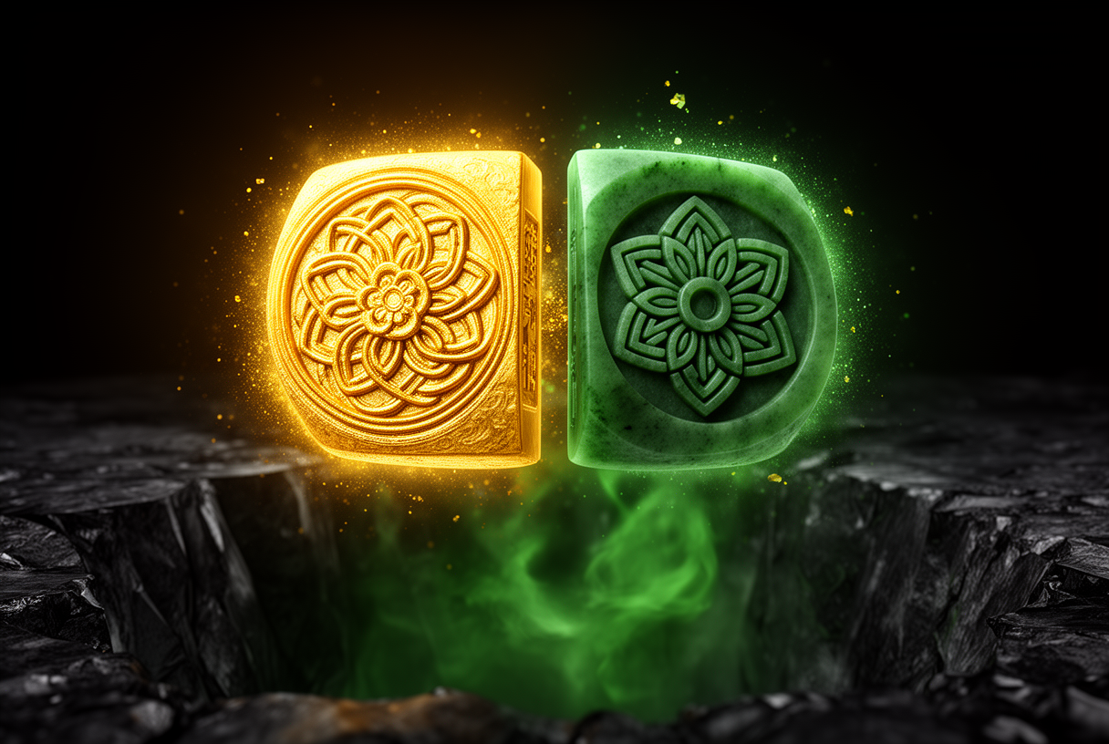 Deux sceaux impériaux fusionnés en artefact bifide, en or et en jade, sur fond obsidien