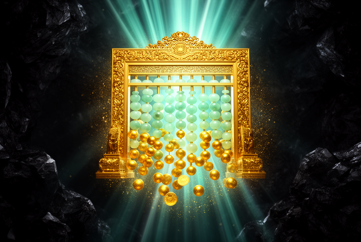 Abaque impérial en or avec billes de jade en cascade et rayons volumétriques cyan