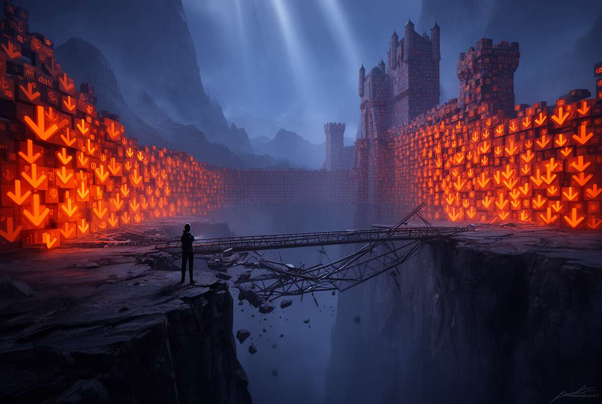 Developer silhouette at the edge of a digital canyon facing a colossal fortress made of orange Reddit upvote arrows