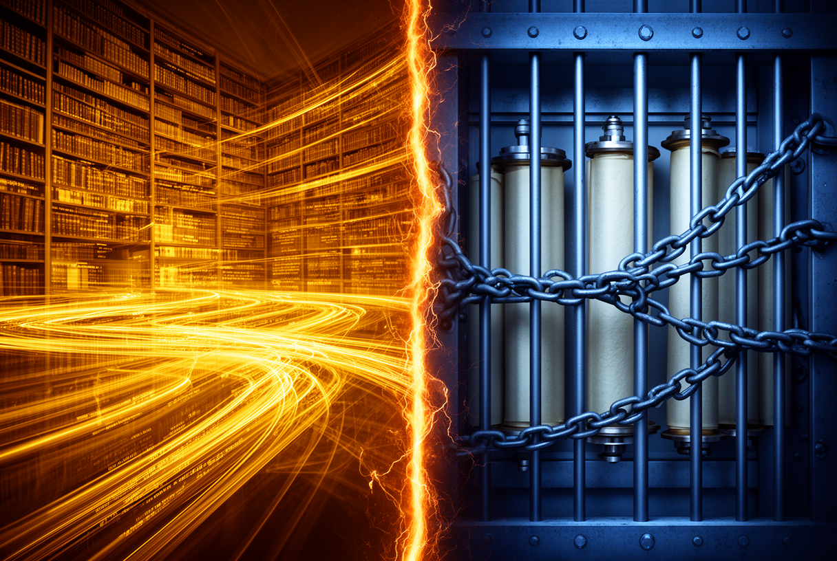 Composition éditoriale split montrant des données ouvertes dorées à gauche et des données verrouillées derrière des barreaux à droite, métaphore du blocage Reddit