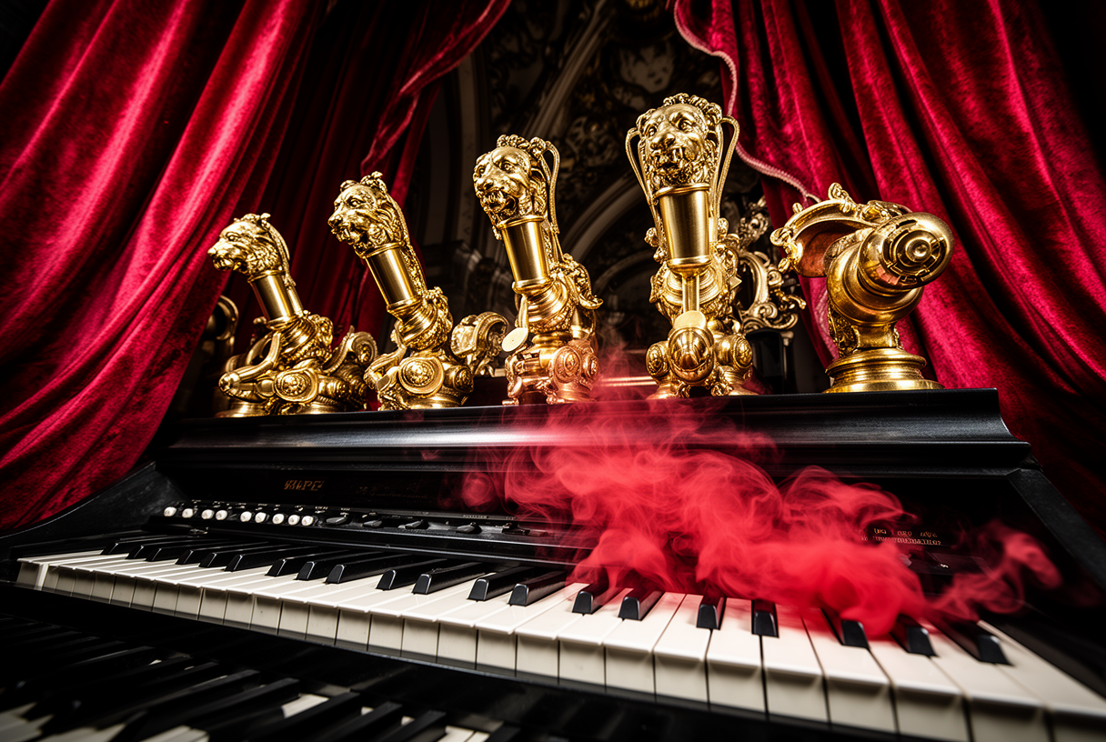 Golden baroque organ with five brass levers on a keyboard veiled in scarlet smoke