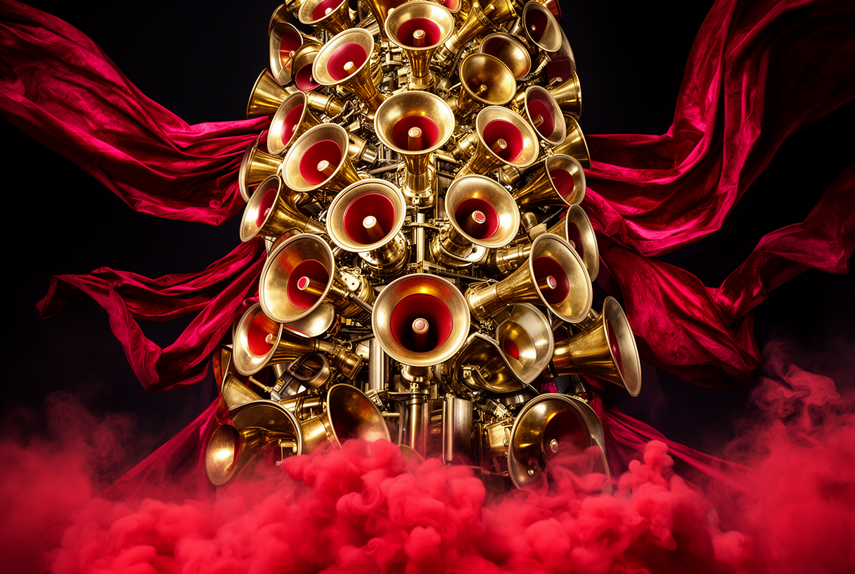Tower of brass megaphones on baroque scarlet drapery