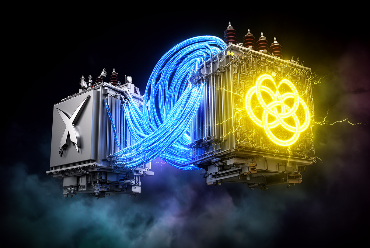 Centrale industrielle bicéphale transférant un flux de particules de calcul d'un terminal X vers un emblème pétale lumineux