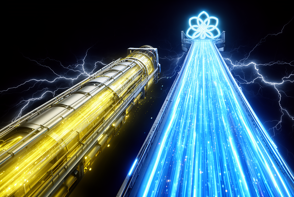 Two industrial ramps in dramatic perspective, the longest illuminated in electric blue towards a glowing petal emblem