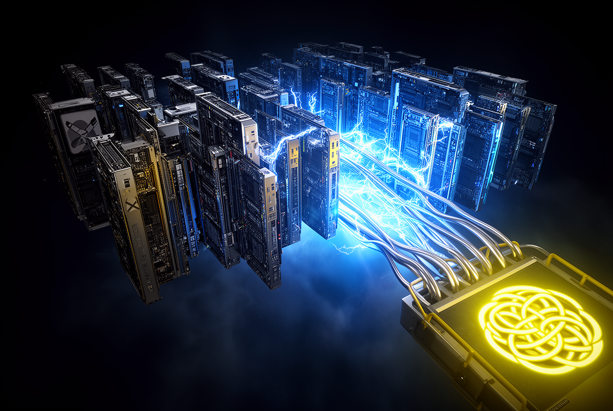 Monumental fleet of GPU racks suspended in the void, routed to a docking platform marked with a sulfur-yellow petal emblem