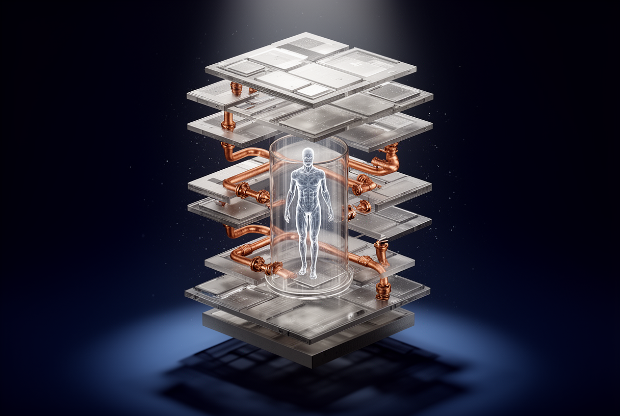 Technical mockup in translucent layers with AI agent silhouette isolated in a central cylinder
