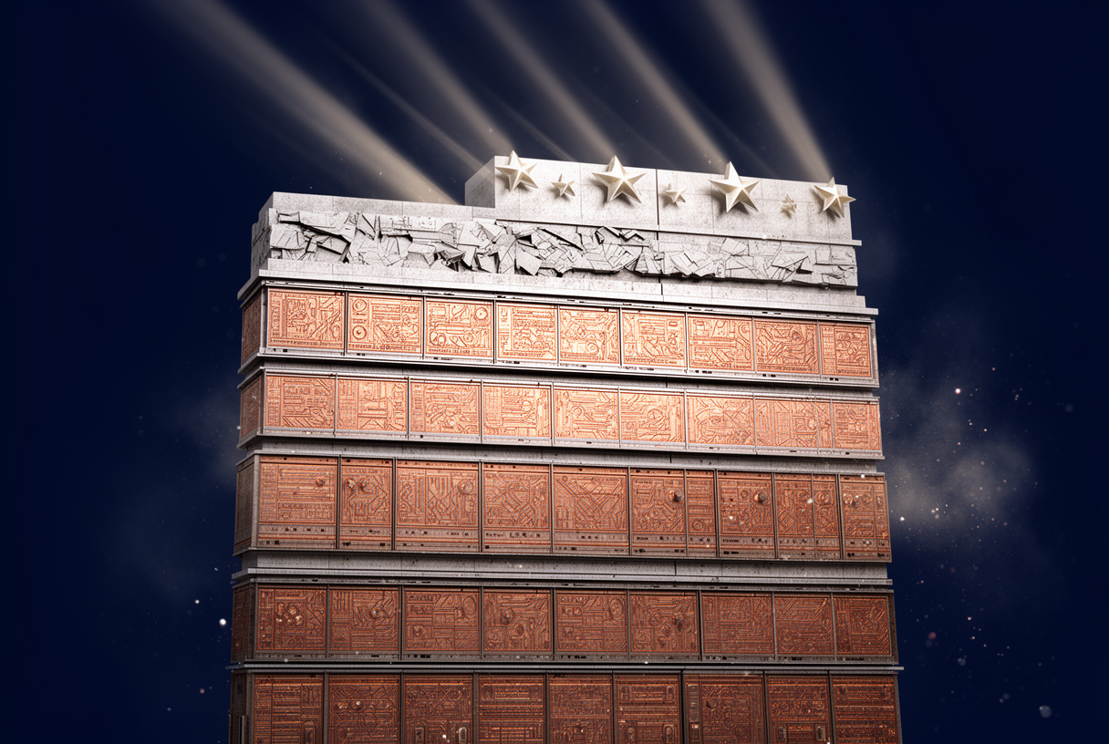 Modular wall of European banking archives with EU stars in bas-relief