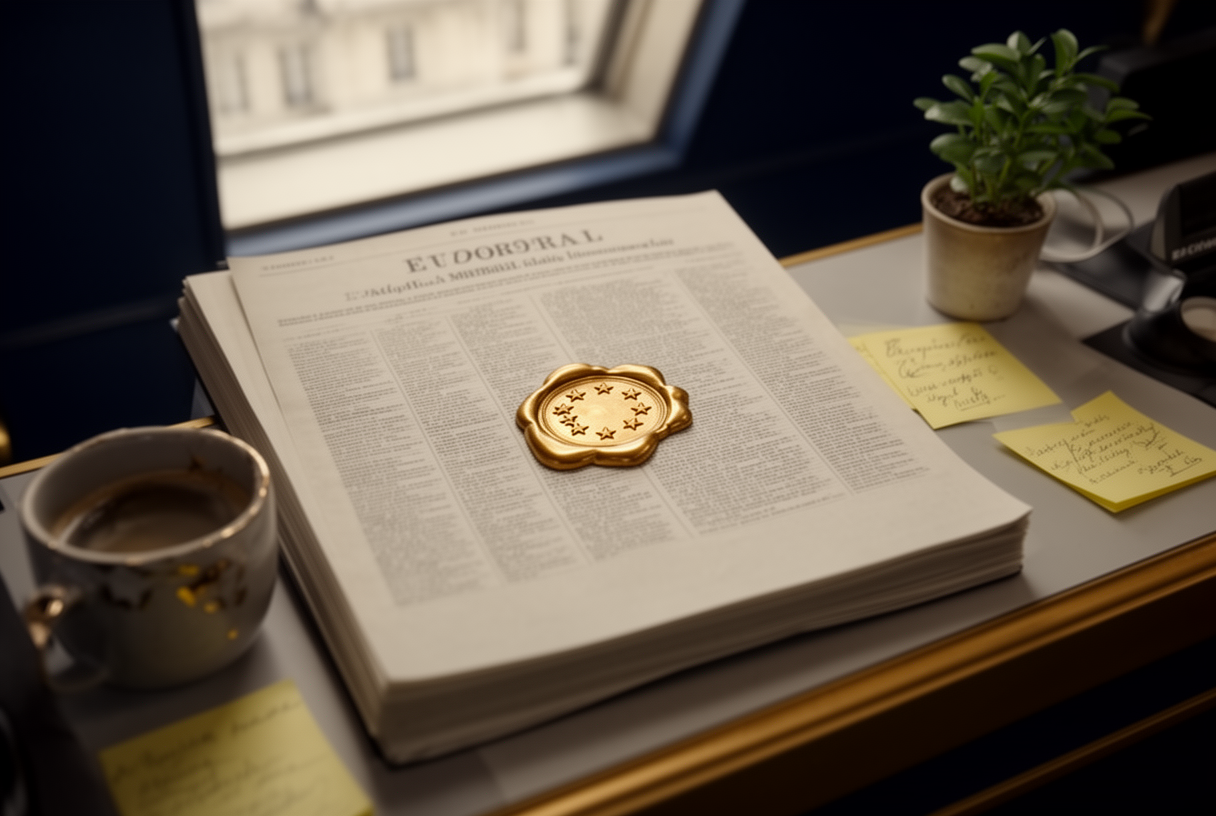 Document officiel du Journal officiel de l'Union européenne scellé d'un sceau étoilé livré sur un comptoir d'agence parisienne