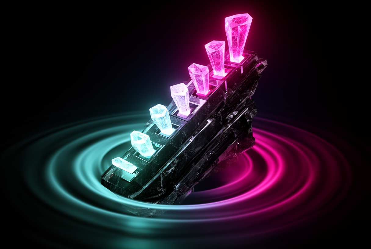 Levier cyberpunk monumental à cinq crans illuminés du cyan au fuchsia symbolisant les niveaux de raisonnement