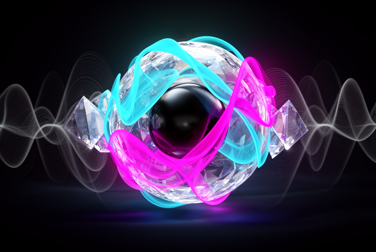 Sphère cristal translucide enveloppée de rubans de waveforms cyan et fuchsia symbolisant la traduction multilingue