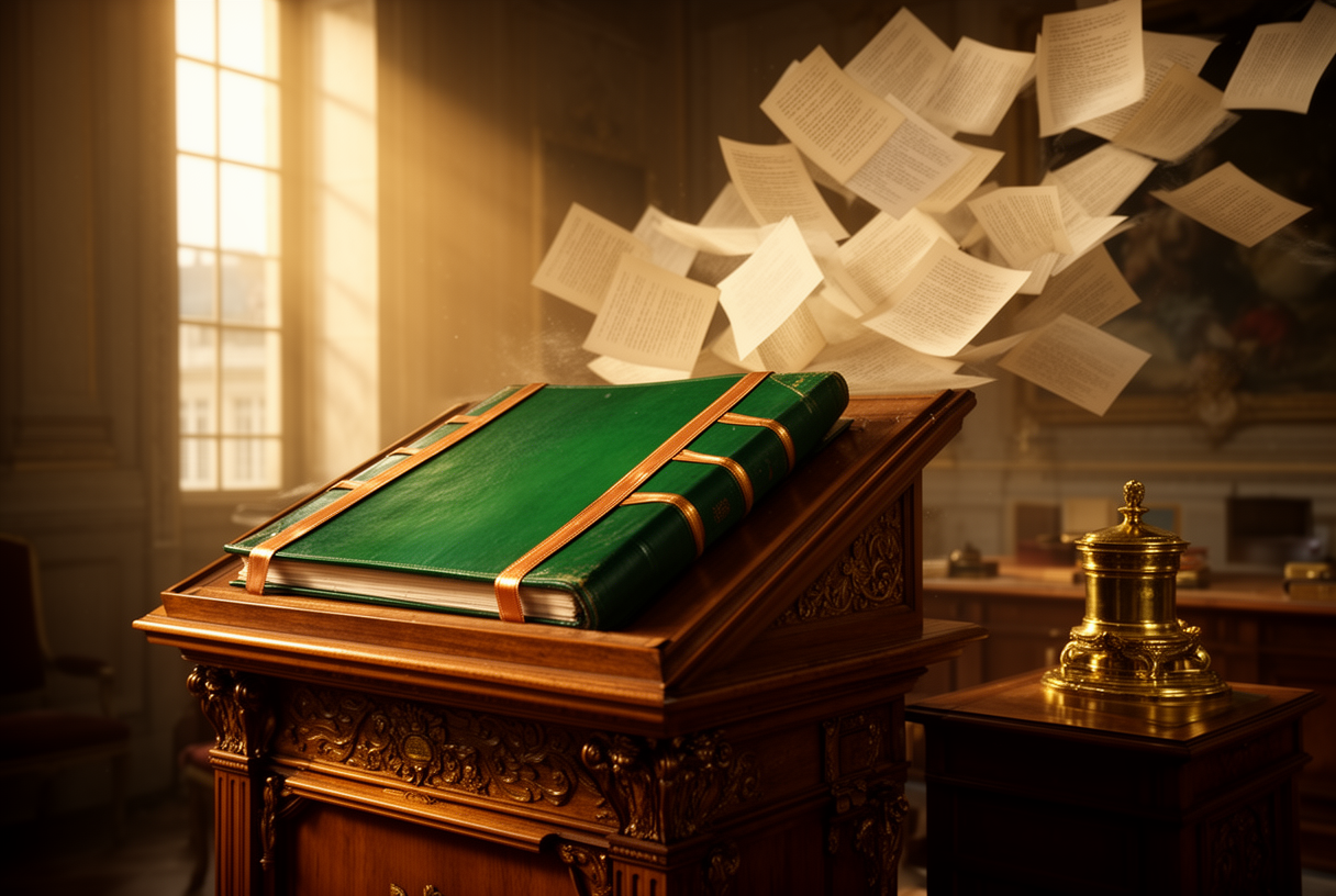 Ornate wooden clerk's lectern with pine-green bound folder and patinated copper ribbon, brass inkwell, pages torn by gust in a ministerial office