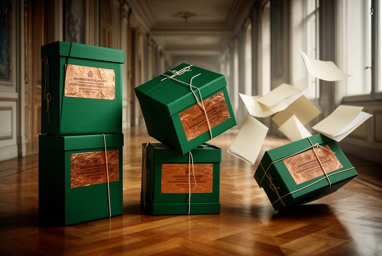 Three uneven stacks of pine-green administrative archive boxes on ministerial hallway parquet, side gust toppling the right stack, visual comparison
