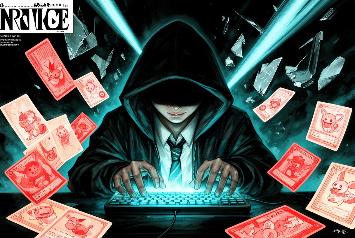 Caricature cyberpunk d'un lycéen capuche penché sur un clavier lumineux, cartes Pokémon éparpillées, écrans fragmentés émettant un faisceau cyan