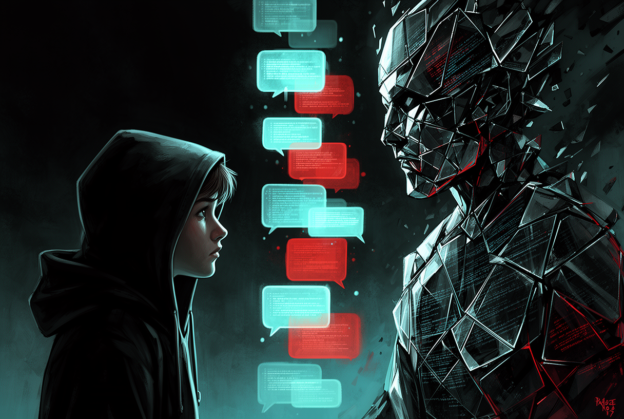 Hacker silhouette facing an algorithmic doppelgänger in fractured glass, cascade of cyan and cinnabar prompt bubbles