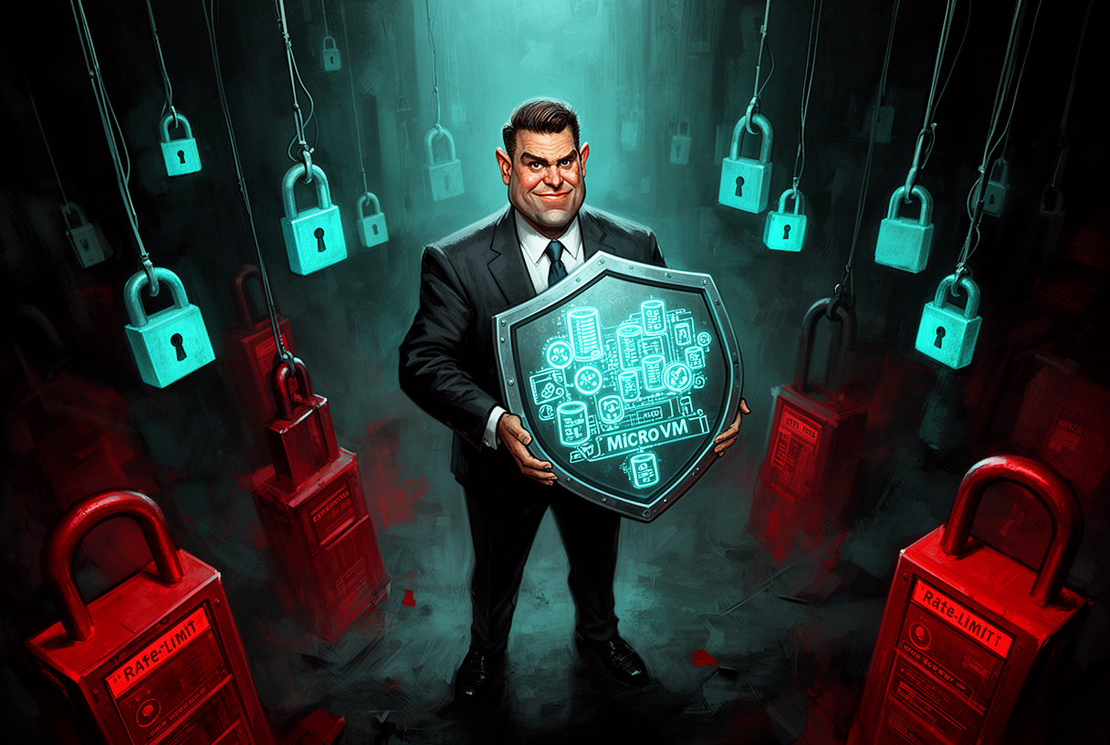 Corporate guardian holding a hexagonal microVM shield, cyan lock perimeter and red rate-limit gates