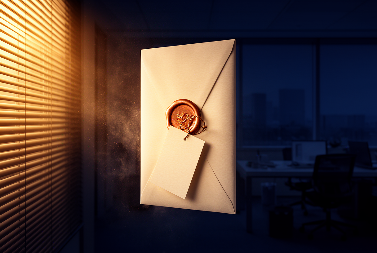 Enveloppe scellée flottant dans un bureau corporate au crépuscule, sceau de cire cuivrée