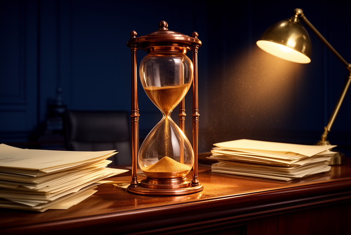 Sablier antique en cuivre sur un comptoir d'audit avec dossiers ivoire et lampe chaude