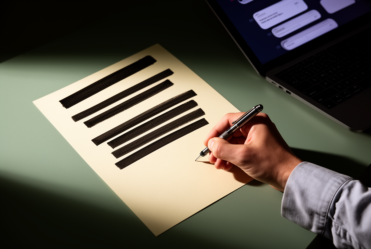 Main signant une page ivoire à sept traits noirs près d'un ordinateur portable