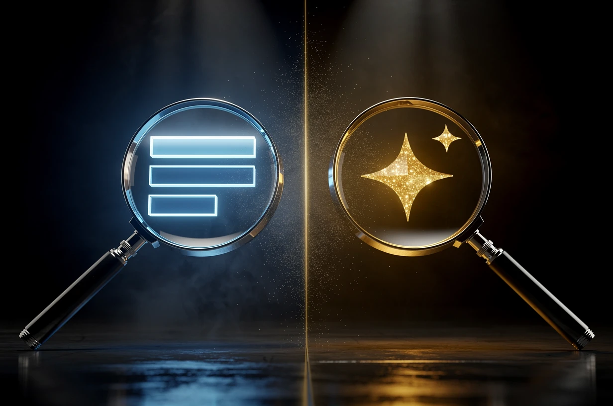 Deux loupes face à face : à gauche, en bleu, une liste de résultats classée, le SEO ; à droite, en or, l'étincelle de l'IA, le GEO