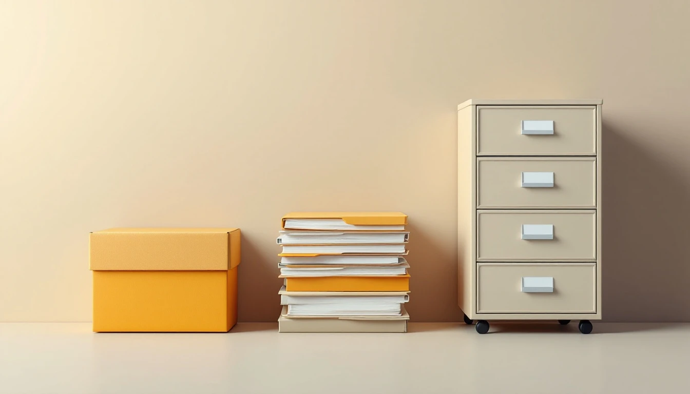 Boîte, pile de dossiers et classeur en papier découpé alignés, tons moutarde, gris chaud et crème