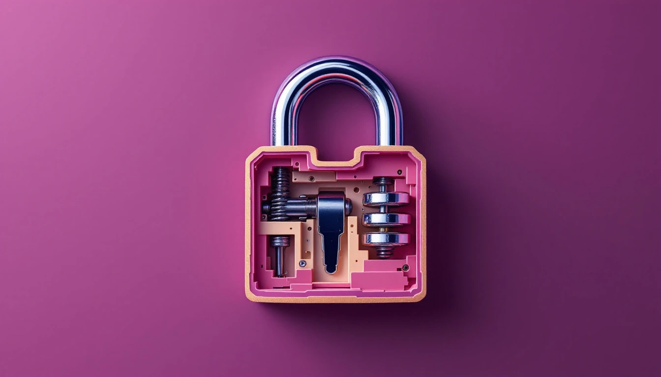 Cadenas métallique en coupe révélant ses goupilles et son ressort, sérigraphie deux tons prune et rose poudré